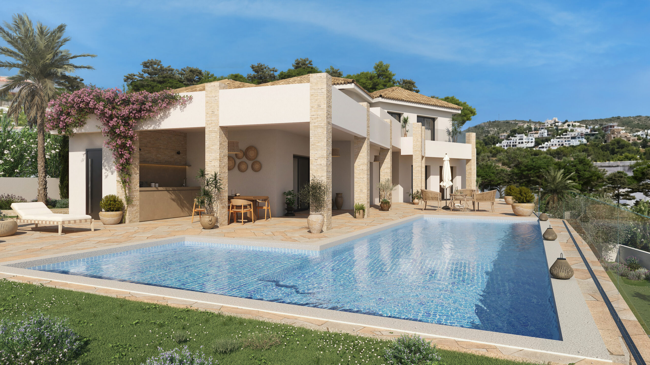Render de villa moderna de lujo en Teulada Moraira con piscina infinity, terraza cubierta y vistas al paisaje mediterráneo