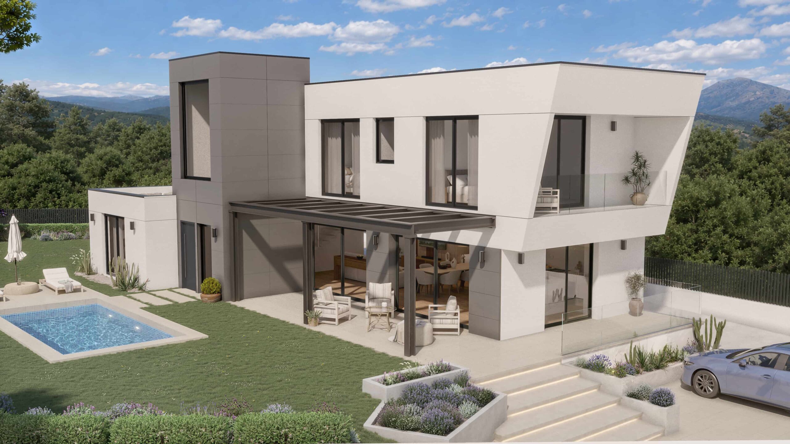 Render exterior de la fachada principal de una villa de lujo de arquitectura moderna en Navacerrada, Madrid