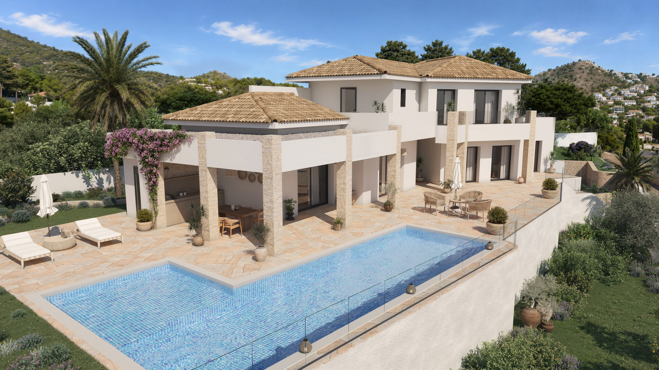 Render arquitectónico 3D de villa mediterránea de lujo con piscina infinity, amplias terrazas y vistas panorámicas en la Costa Blanca