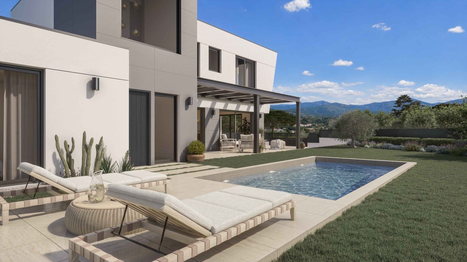 Render fotorrealista de chalet moderno con jardín, piscina y amplias zonas exteriores para un proyecto residencial de arquitectura en Barcelona
