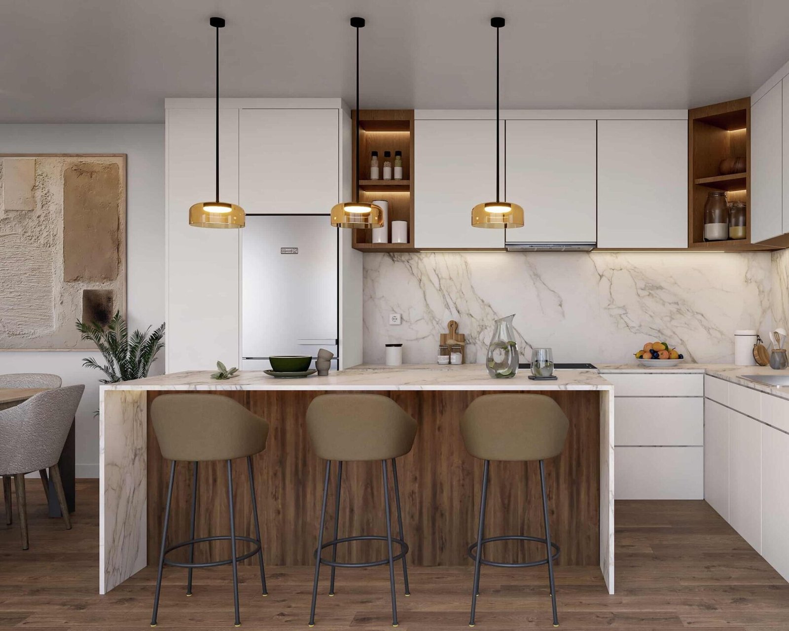 3D render of a modern luxury kitchen with a marble island and wood accents