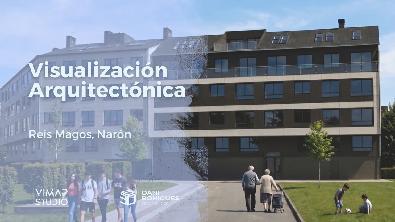 Render 3D fotorrealista de la fachada del Edificio Reyes Magos en Narón