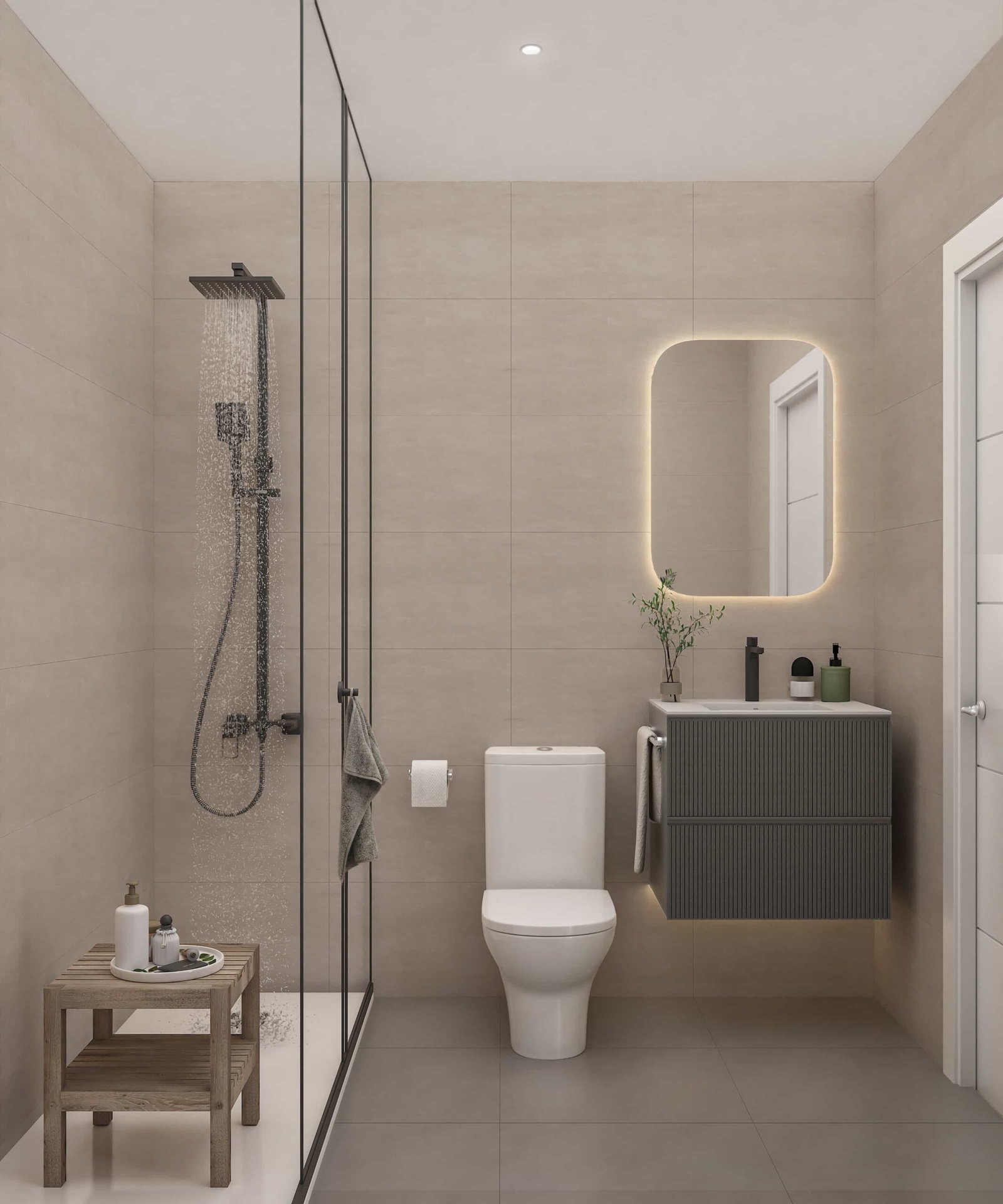 Render 3D interior de un cuarto de baño moderno en una vivienda en Narón, Galicia