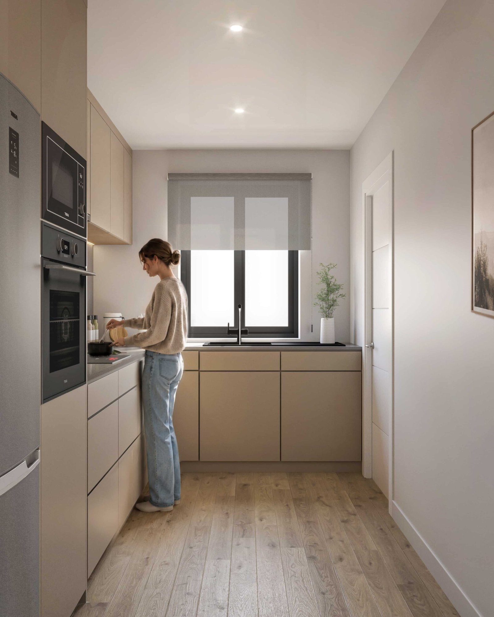 Render 3D de cocina moderna de una vivienda en Narón, Galicia