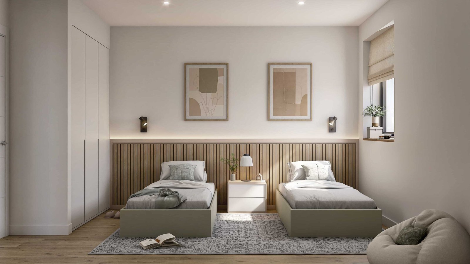 Render 3D de dormitorio doble de una vivienda en Narón, Galicia