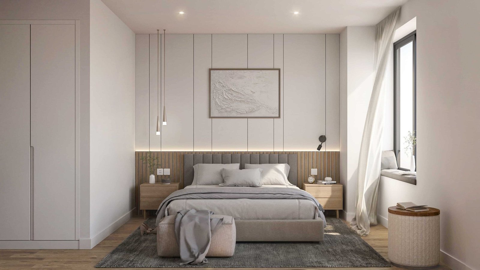 Render 3D de dormitorio principal de una vivienda en Narón, Galicia