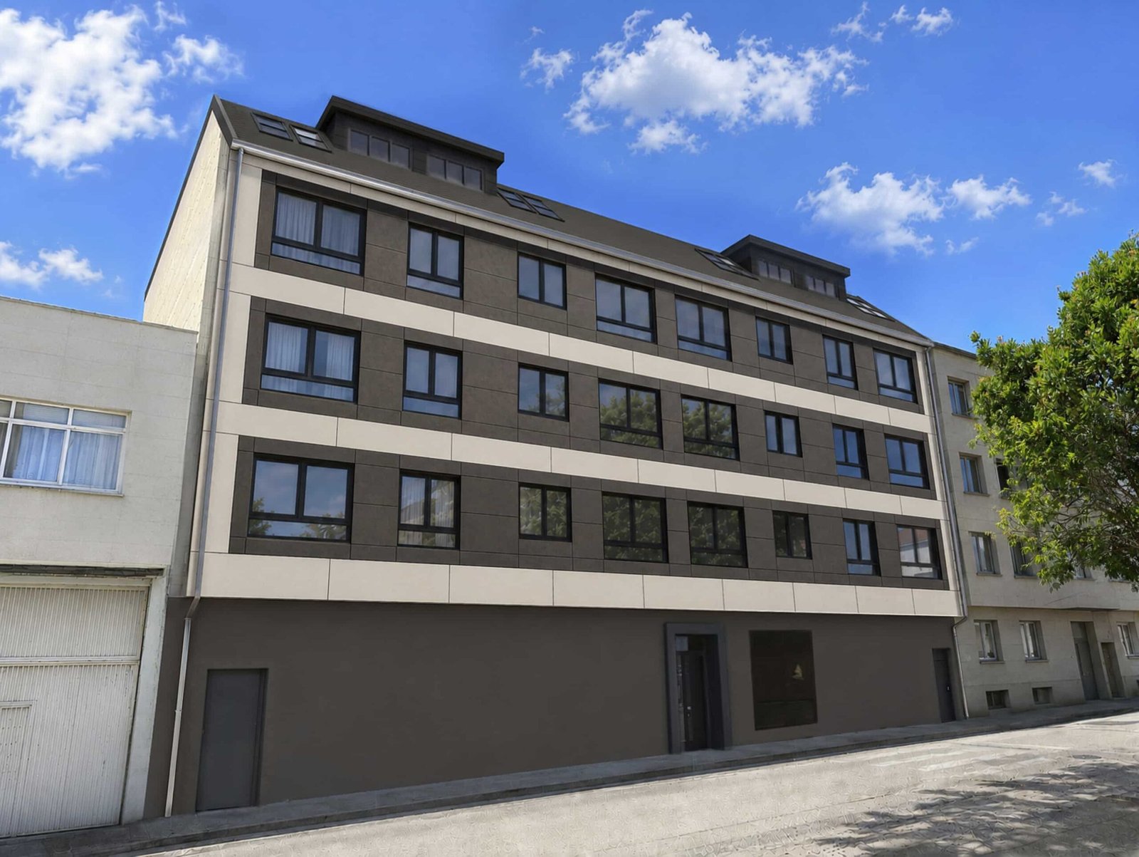 Render 3D exterior de la esquina del edificio de viviendas en Narón, Galicia