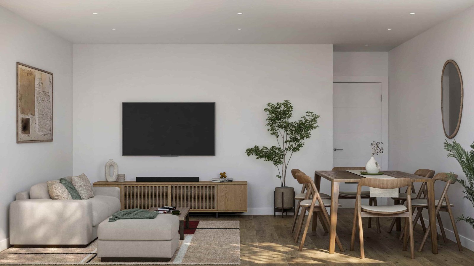 Render 3D de salón-comedor de una vivienda de promoción inmobiliaria en Narón, Galicia