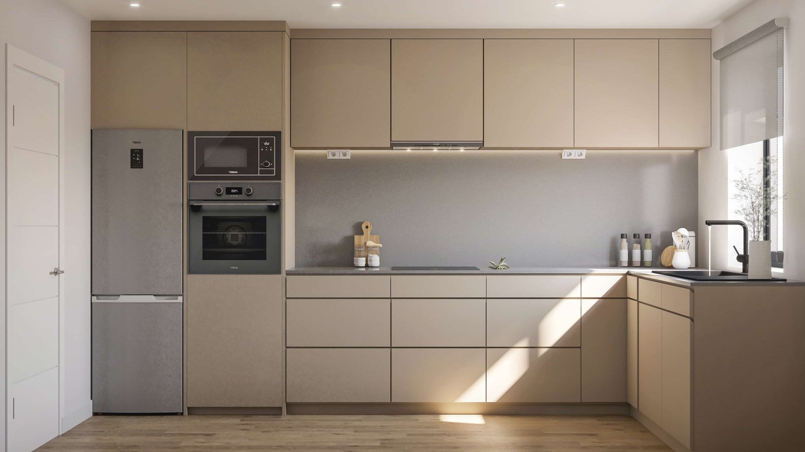 Render 3D interior de cocina equipada de una vivienda en Narón, Galicia