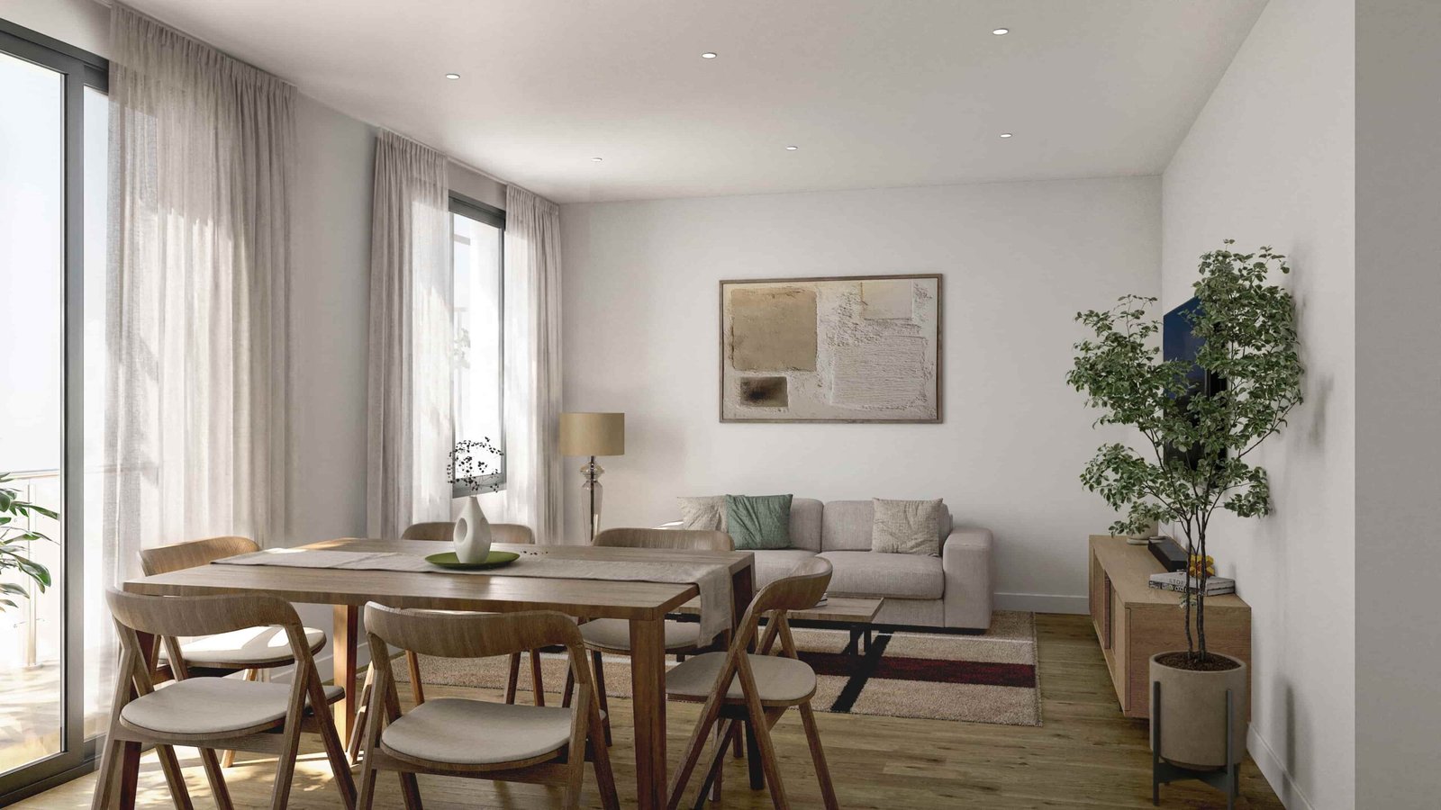 Render 3D interior de salón y comedor de una vivienda en Narón, Galicia