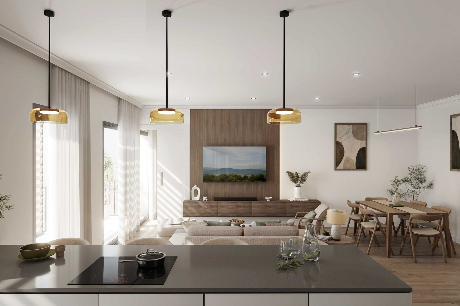 Render 3D de cocina con isla abierta al salón-comedor en Barcelona, con lámparas colgantes, mobiliario de madera y grandes ventanales.