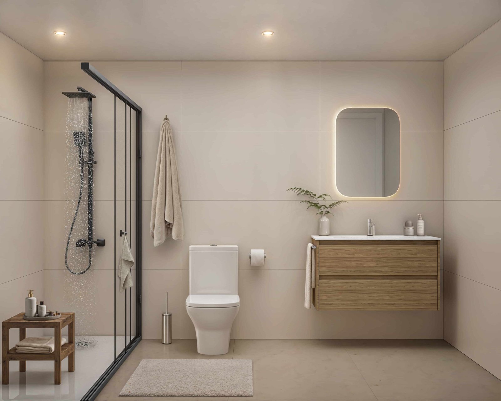Render 3D de baño contemporáneo en Barcelona, con ducha de mampara negra, mueble de lavabo suspendido en madera y espejo retroiluminado.
