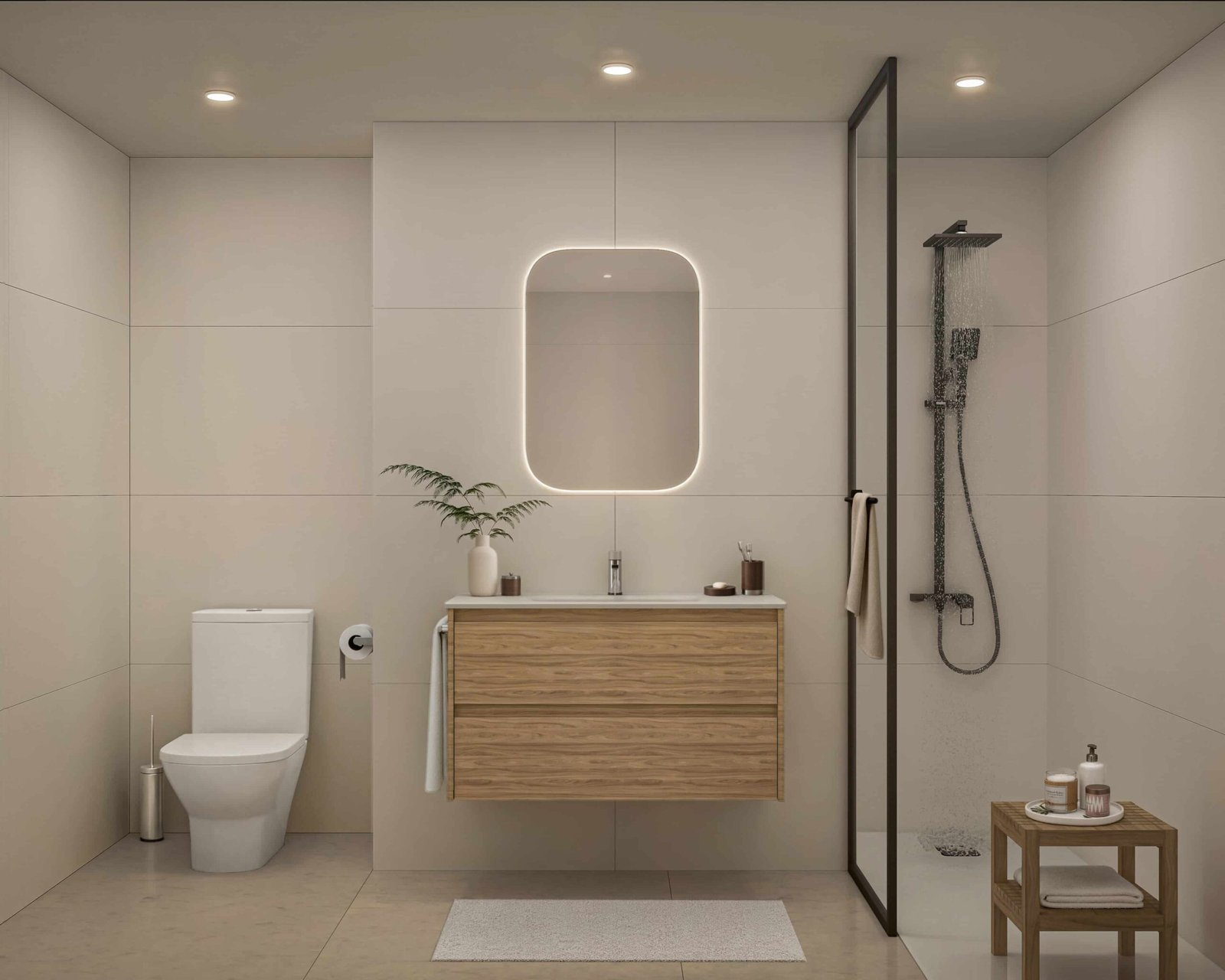 Render 3D de baño moderno en Barcelona, con lavabo suspendido de madera, espejo con iluminación LED y ducha con mampara de cristal.