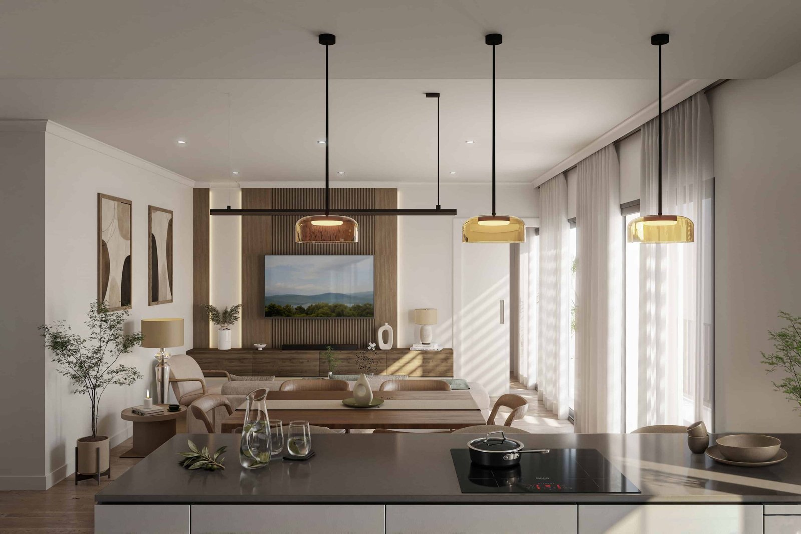 Render 3D de cocina abierta con isla y salón-comedor en una vivienda de Barcelona, con lámparas colgantes, acabados en madera y grandes ventanales.