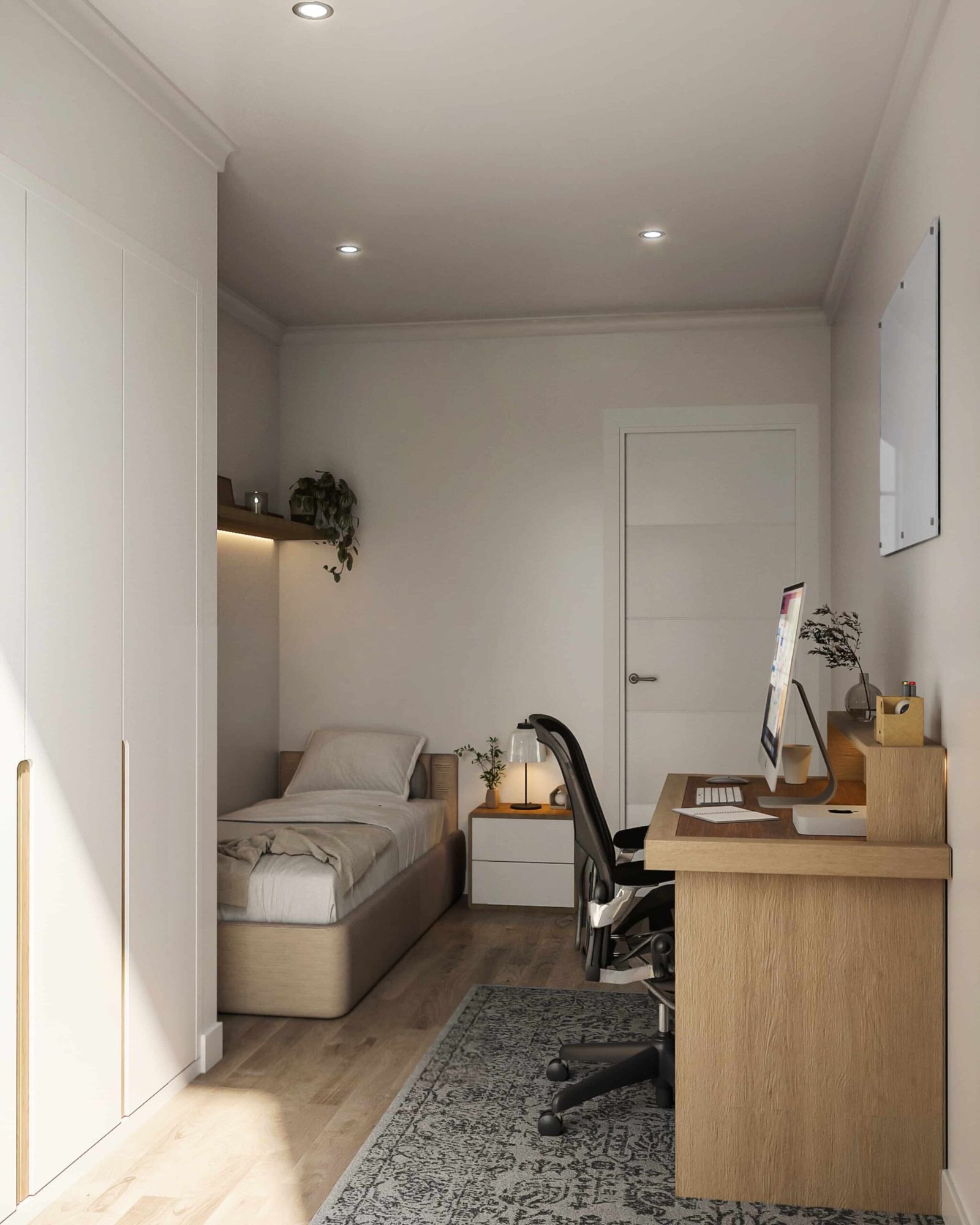 Render 3D de dormitorio individual con zona de estudio en Barcelona, equipado con cama, escritorio de madera, ordenador y armario empotrado blanco.
