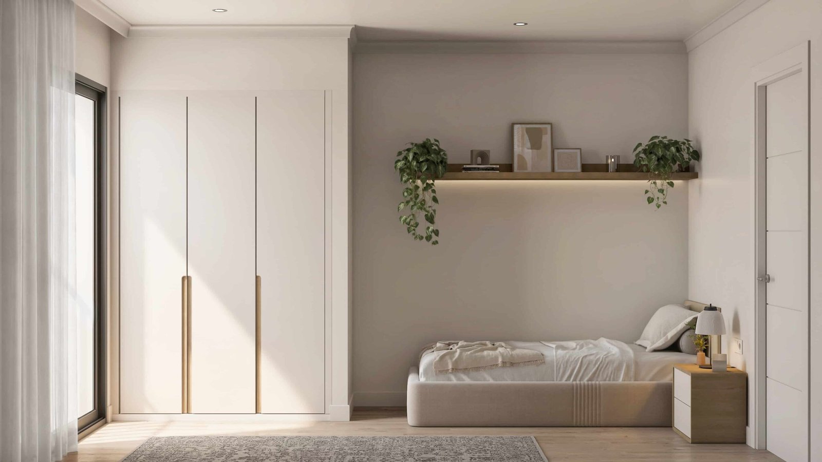 Render 3D de dormitorio individual en Barcelona, con cama tapizada, armario empotrado blanco, estantería iluminada y gran ventanal.