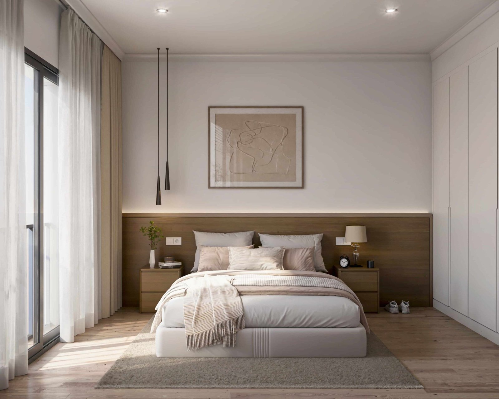 Render 3D de dormitorio de matrimonio en Barcelona, con cama tapizada, cabecero de madera, armarios blancos, grandes ventanales y decoración en tonos neutros.