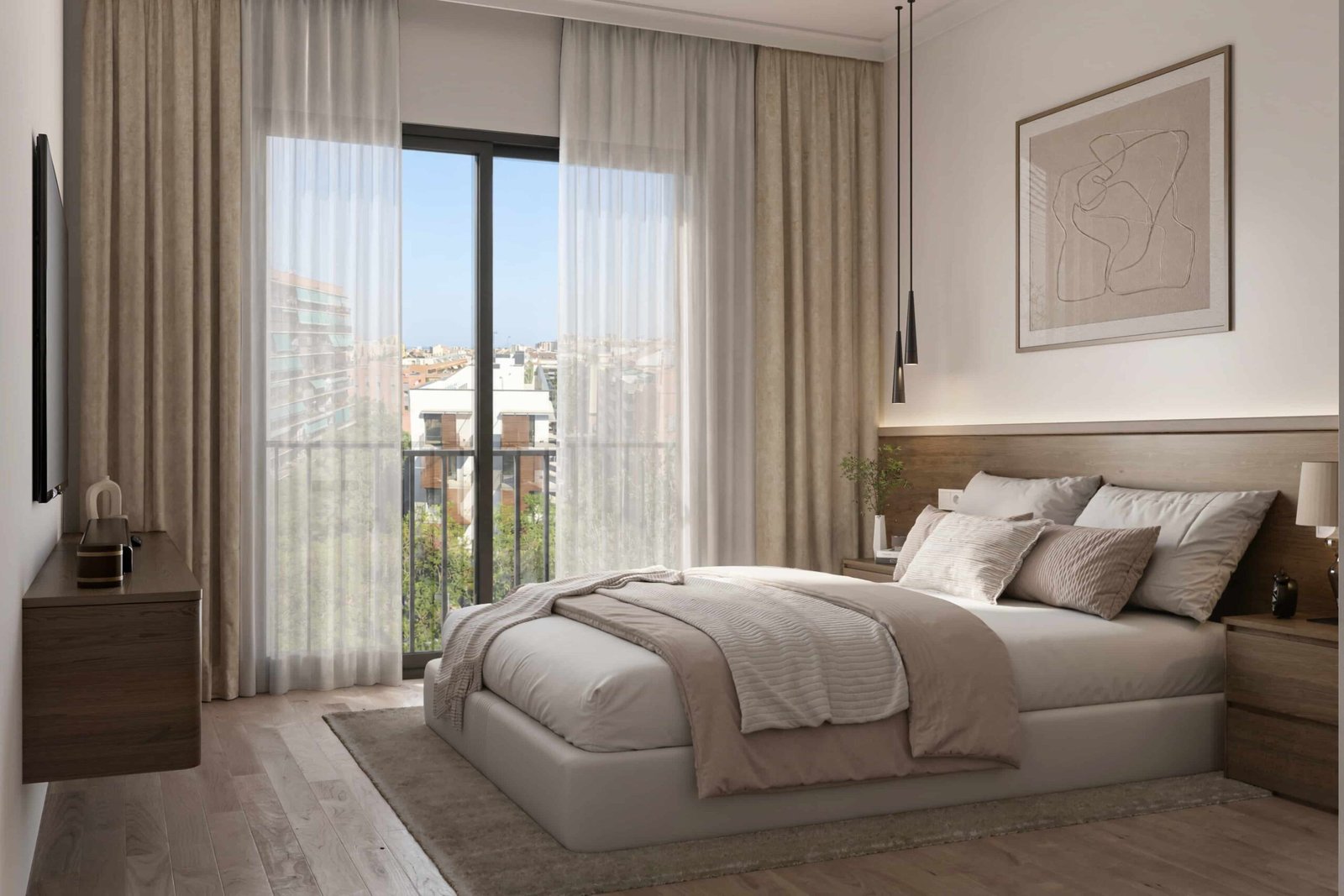 Render 3D de dormitorio principal en Barcelona, con cama de matrimonio, cabecero de madera, grandes ventanales y decoración en tonos neutros.