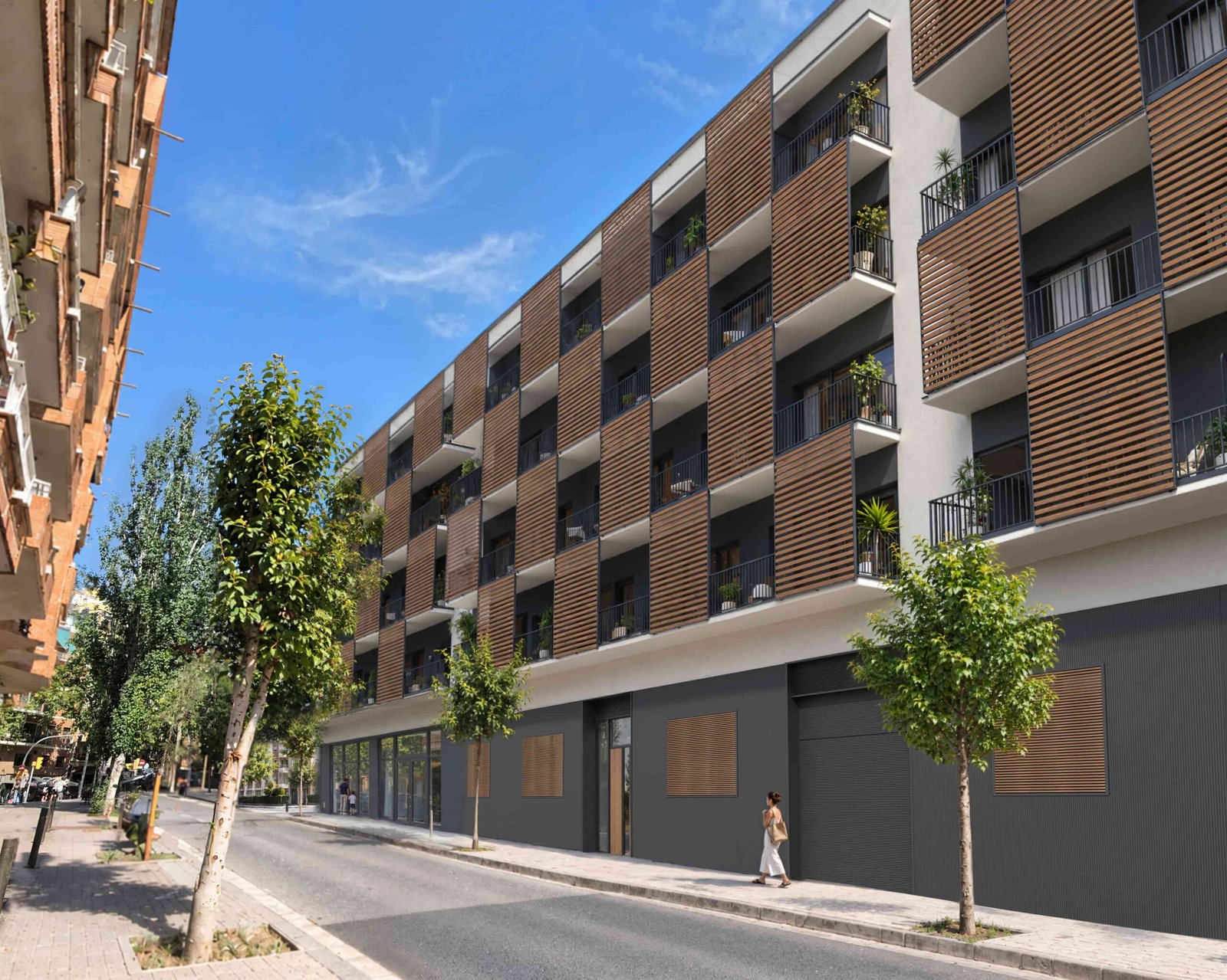Render 3D de la fachada de un edificio residencial en Barcelona, con balcones, celosías de lamas horizontales y vista exterior desde la calle