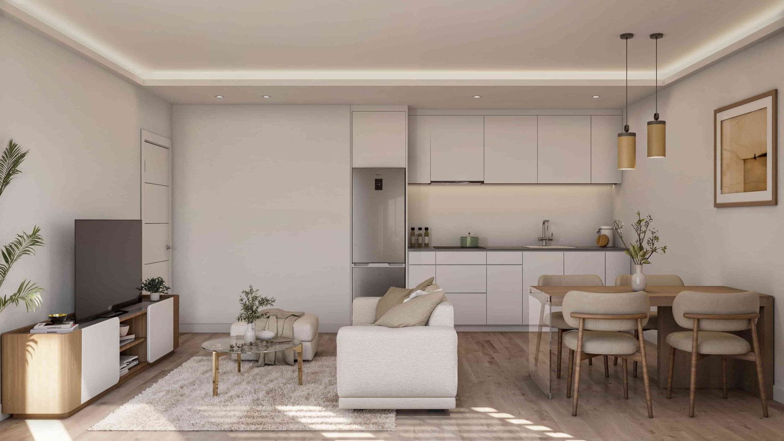 Render 3D de salón-comedor con cocina lineal blanca en una vivienda de Barcelona, con sofá en tonos claros, mesa de madera e iluminación natural.