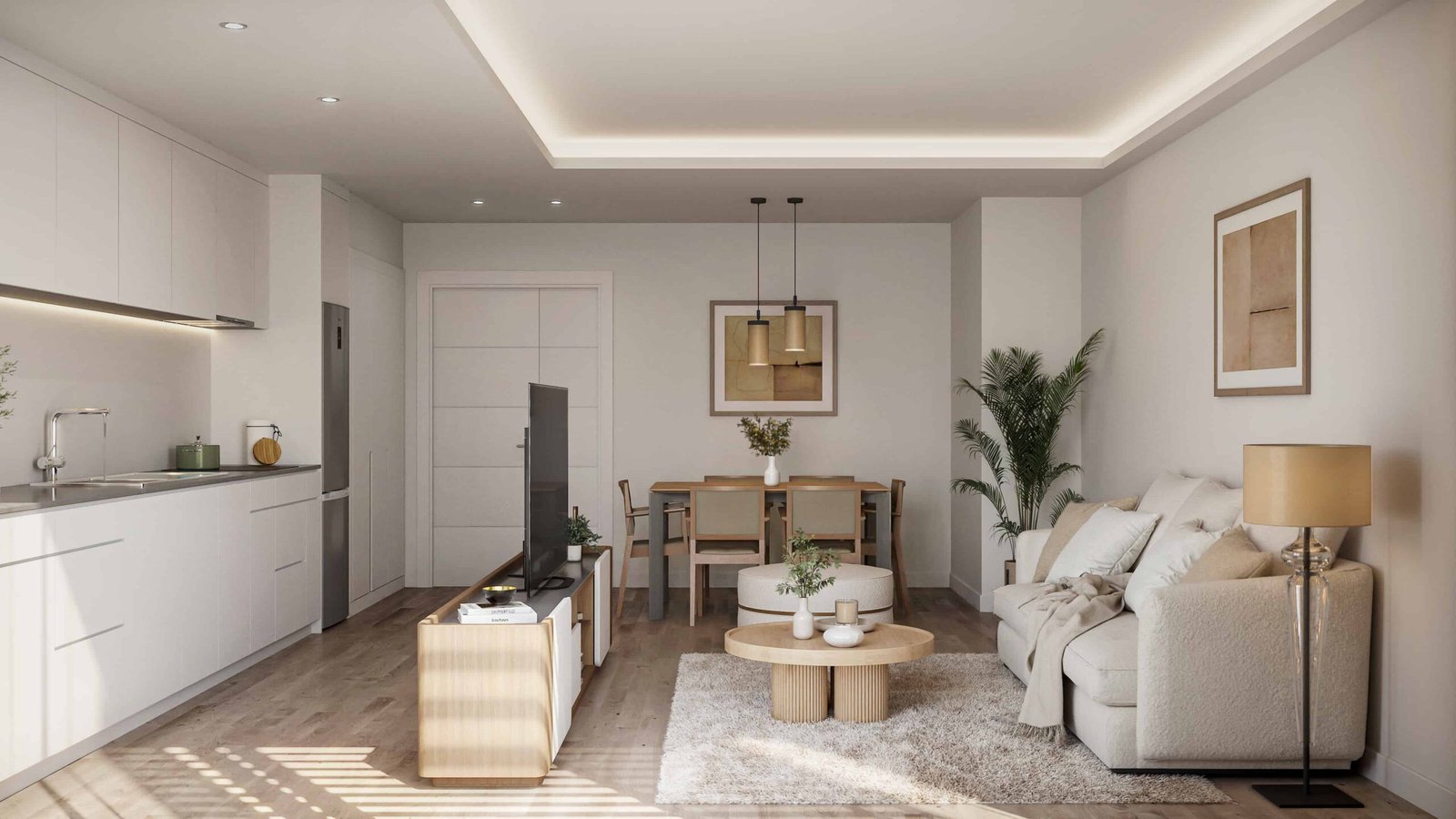 Render 3D de salón-comedor con cocina abierta en una vivienda de Barcelona, con diseño moderno, mobiliario en tonos neutros e iluminación natural.