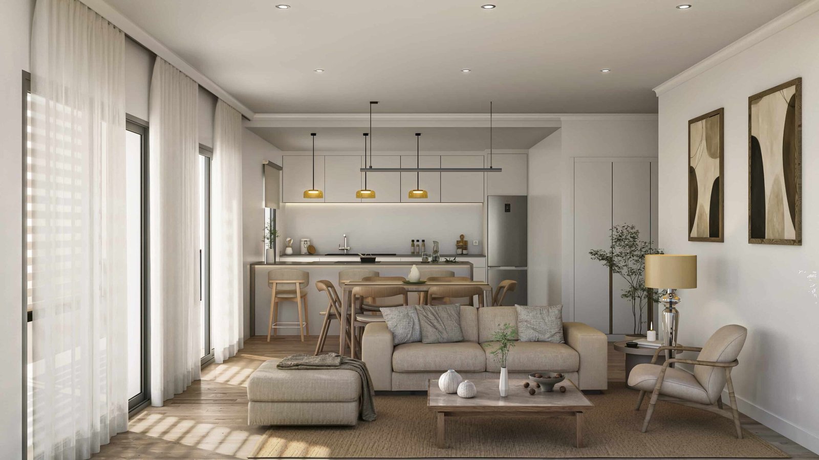 Render 3D de salón-comedor con cocina abierta en Barcelona, sofá moderno, barra con taburetes de madera y grandes ventanales con cortinas blancas.