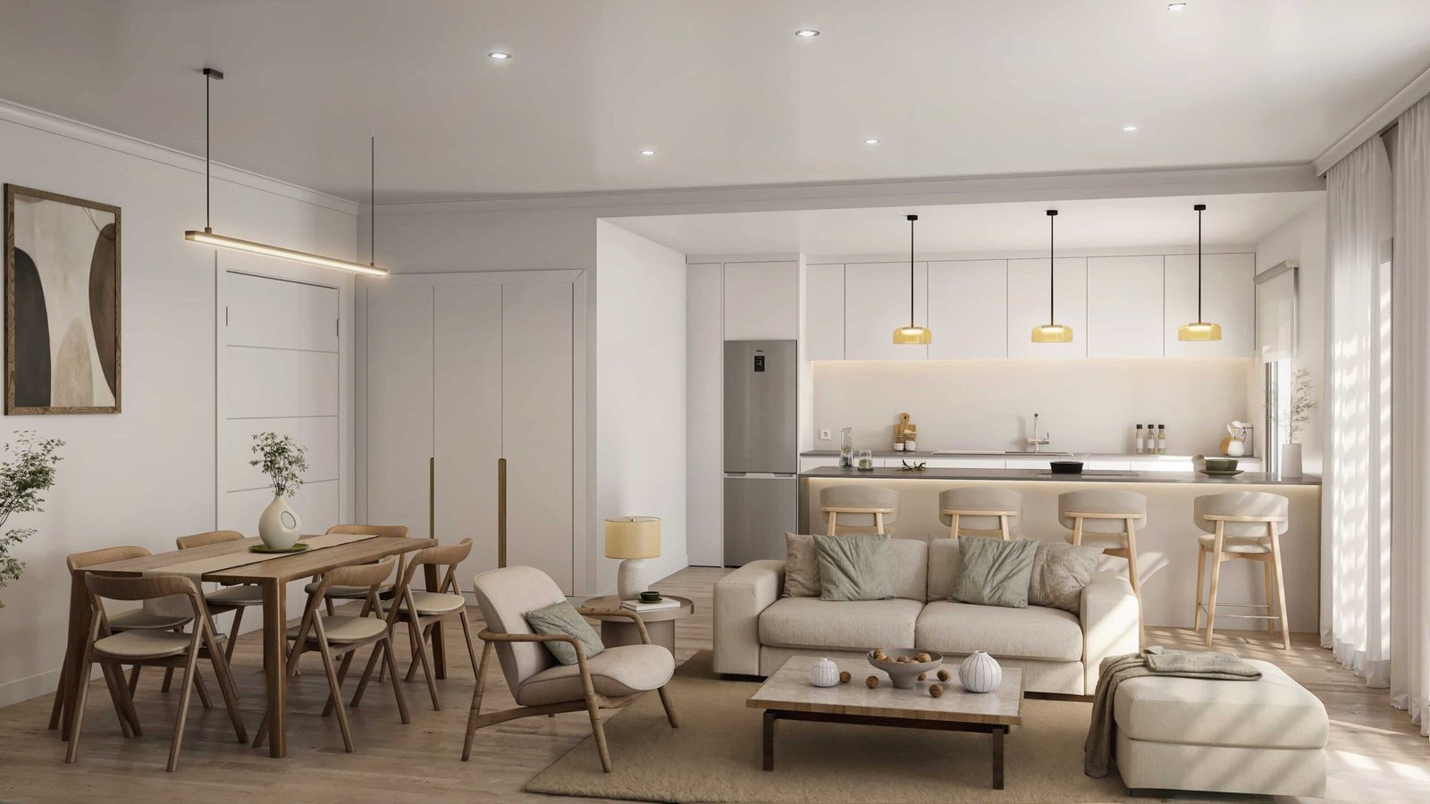 Render 3D de salón-comedor con cocina abierta en Barcelona, con barra y taburetes de madera, sofá moderno, mesa de comedor e iluminación natural.