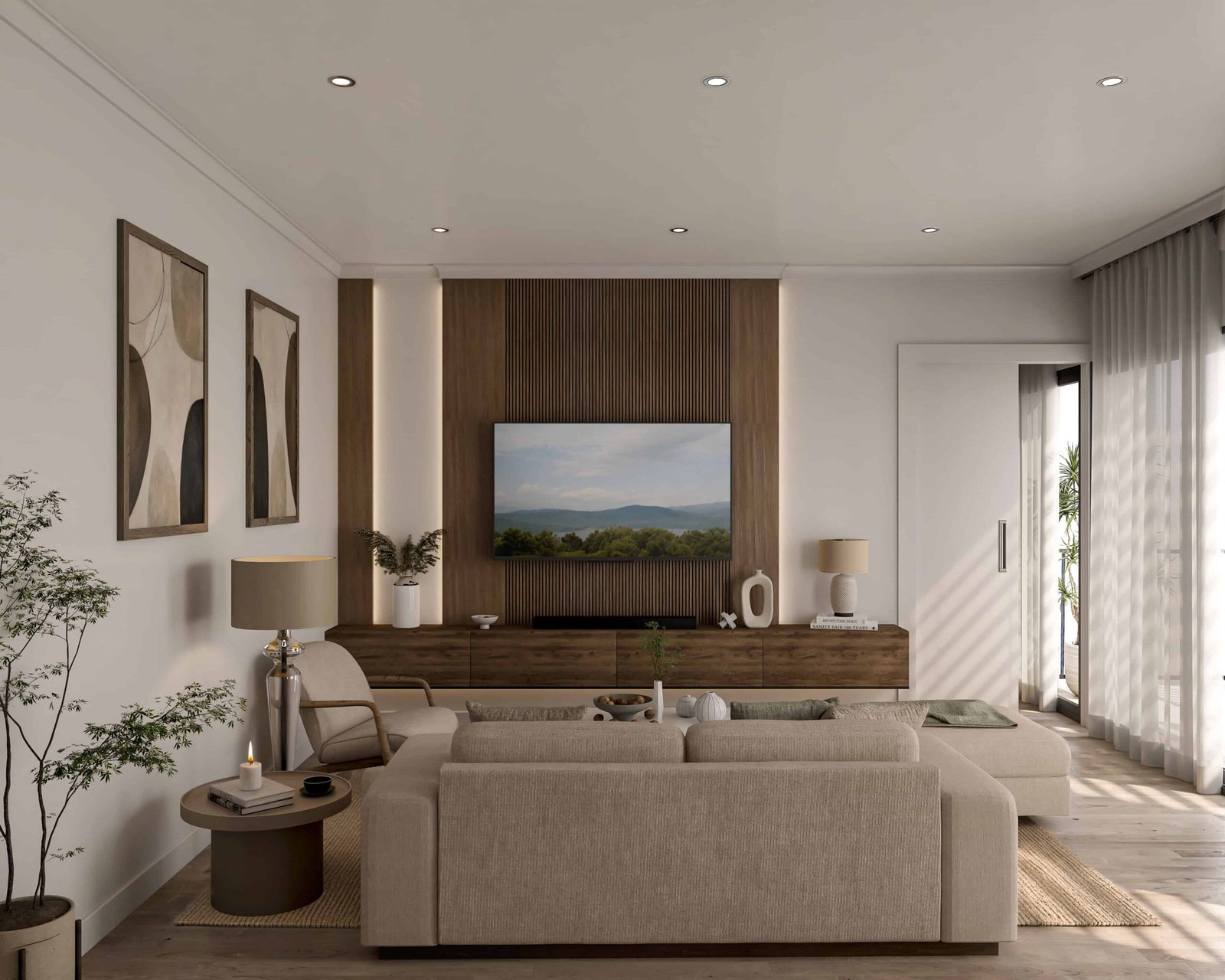 Render 3D de un salón moderno en Barcelona, con sofá de tonos neutros, panel de televisión en madera, grandes ventanales e iluminación natural.