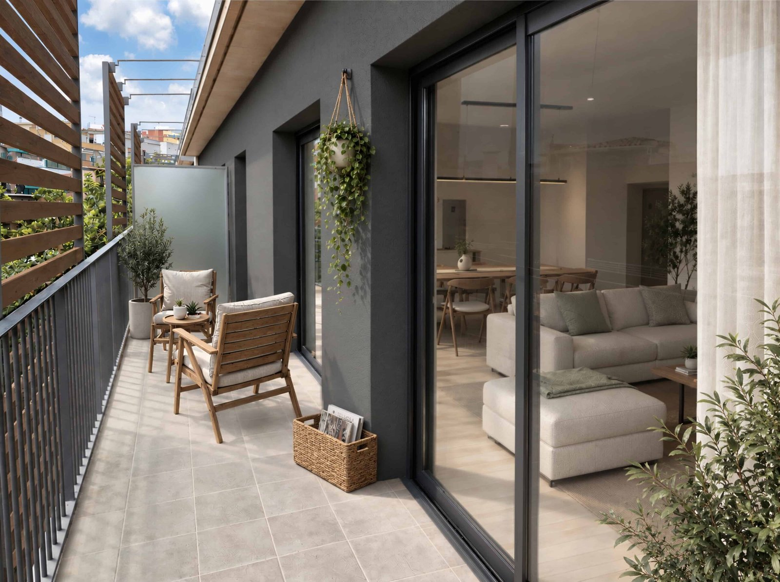 Render 3D de una terraza privada en una vivienda de Barcelona, con sillones de madera, vegetación y puertas correderas de cristal abiertas visualmente al salón.