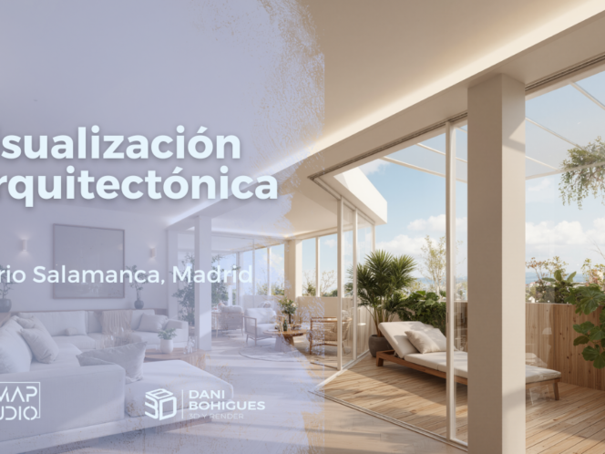 Architectural visualization of a luxury apartment in Salamanca District, Madrid, featuring a modern living room and a spacious terrace