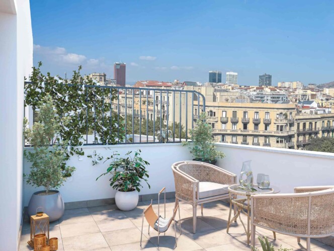 Architectural render of front terrace in luxury apartment in Barcelona with modern furniture