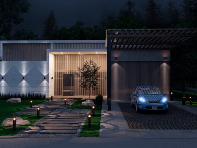 3D blue hour render of a modern mountain home surrounded by nature, with warm interior lighting and a cozy atmosphere