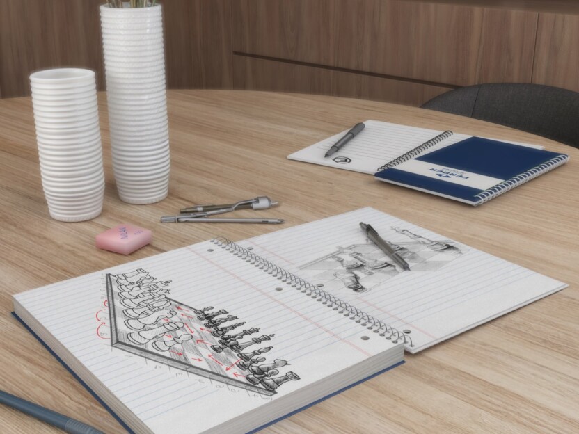 Render of an office in Barcelona with a work desk and architectural sketches.