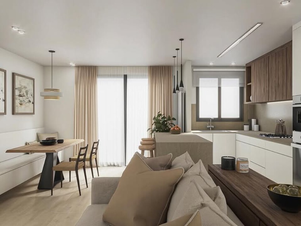 Render arquitectónico de reforma interior de vivienda existente con diseño moderno y acabados realistas.