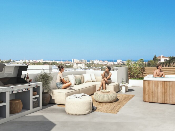 Render arquitectónico de terraza moderna con vista al mar, mobiliario minimalista, zona de barbacoa y jacuzzi al aire libre.