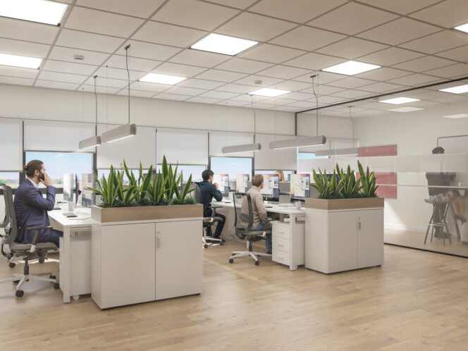 Render hiperrealista de una oficina moderna con estaciones de trabajo, iluminación suspendida y sala de reuniones acristalada, creado para visualizar una propuesta de reforma