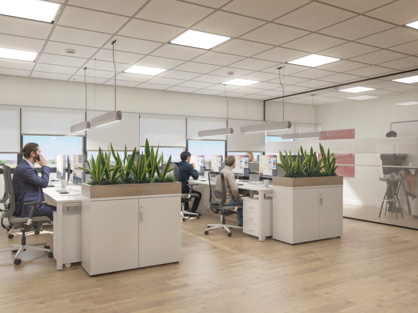 Render hiperrealista de una oficina moderna con estaciones de trabajo, iluminación suspendida y sala de reuniones acristalada, creado para visualizar una propuesta de reforma