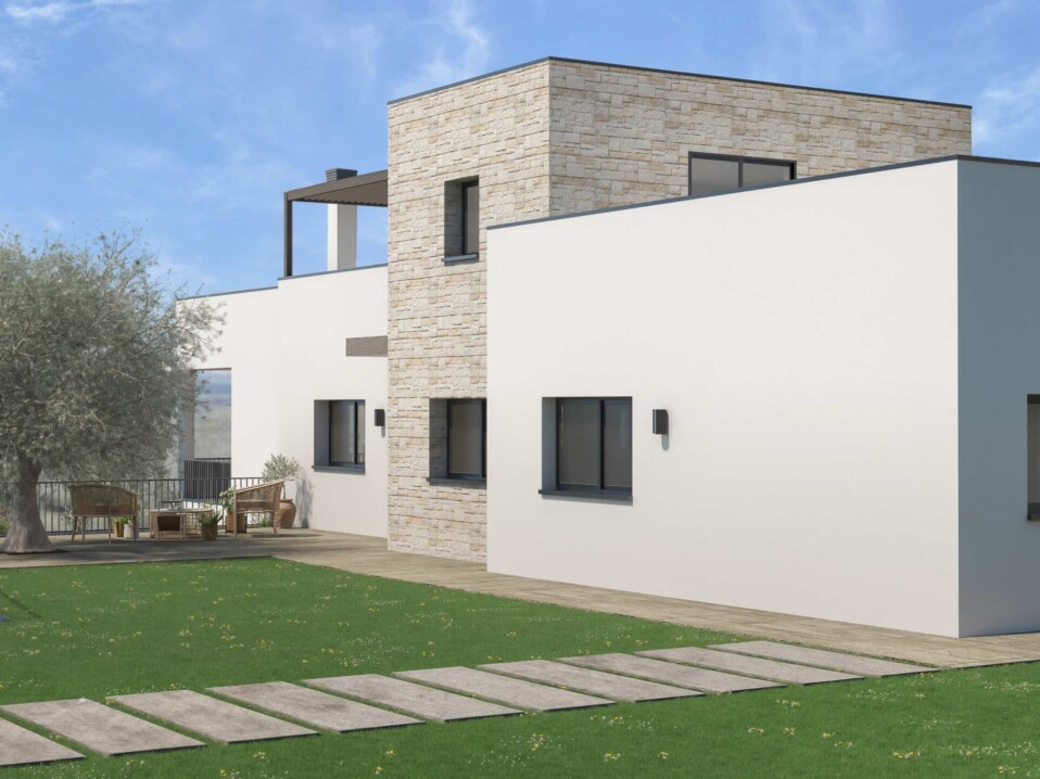 Render 3D fotorrealista de una casa moderna de dos pisos con fachada de piedra y estuco, garaje y terraza en la azotea