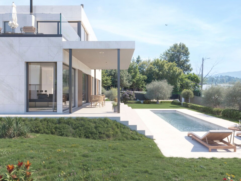 Render arquitectónico de casa modular unifamiliar con piscina, vista trasera en entorno natural