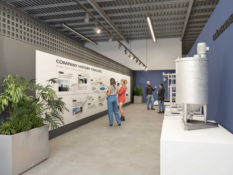 Photorealistic 3D render of a corporate showroom with industrial interior design, showcasing a modern corporate exhibition