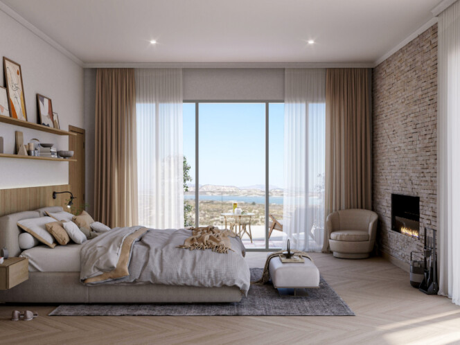 Render 3D de dormitorio estilo mediterráneo minimalista con vistas al mar, chimenea moderna y decoración en tonos cálidos en villa de lujo en Alicante