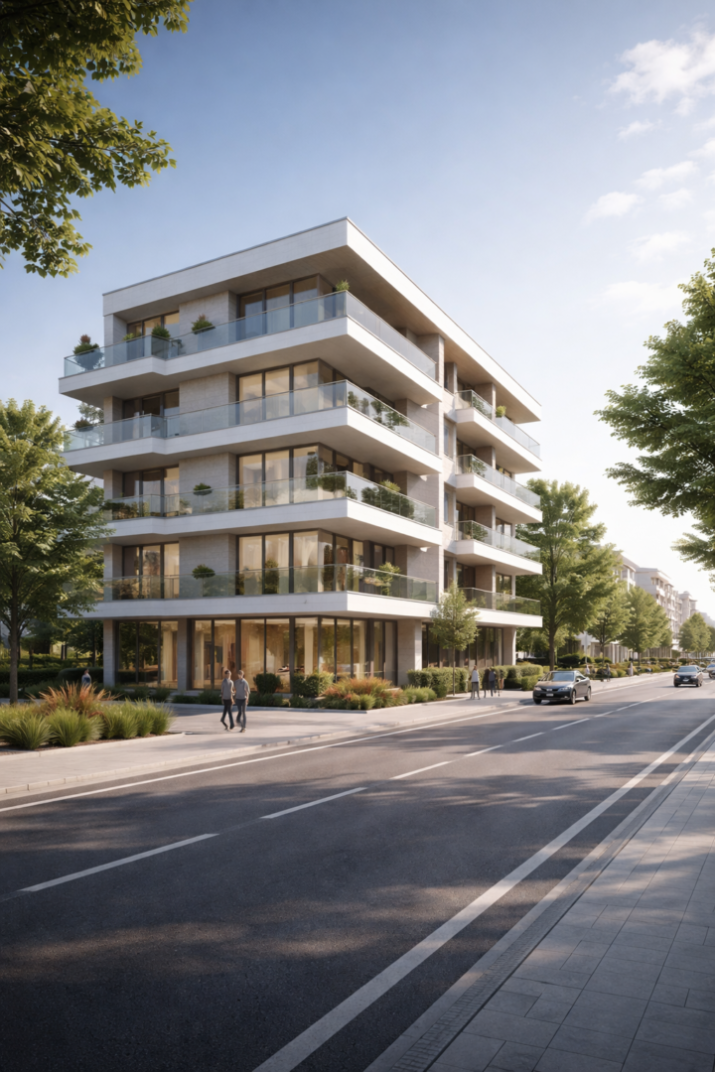 Render 3D de un edificio moderno de viviendas en estilo minimalista, ubicado en una calle amplia con luz de día clara, mostrando materiales y diseño arquitectónico.