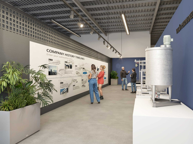 Render 3D fotorrealista de un showroom empresarial con diseño interior industrial, mostrando una exposición corporativa moderna