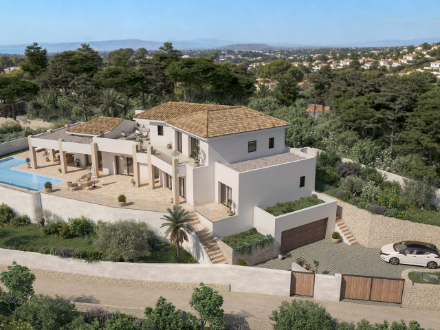 Render aéreo de villa mediterránea en Teulada Moraira Vista aérea de render arquitectónico de villa mediterránea de lujo en Teulada Moraira con piscina y terrazas exteriores