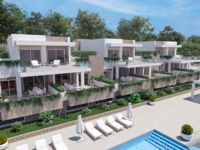 Render 3D de apartahotel moderno en Bilbao con piscina, terrazas privadas y jardines integrados.