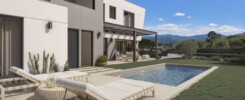 Diseño 3D de jardín con piscina moderna y zona de tumbonas en chalet de lujo en la sierra de Madrid