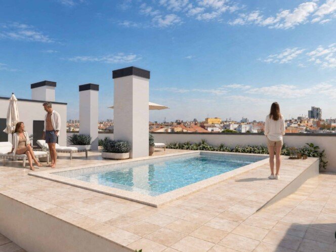 Render 3D de piscina comunitaria en una promoción inmobiliaria de Barcelona, con personas disfrutando de la terraza y vistas a la ciudad