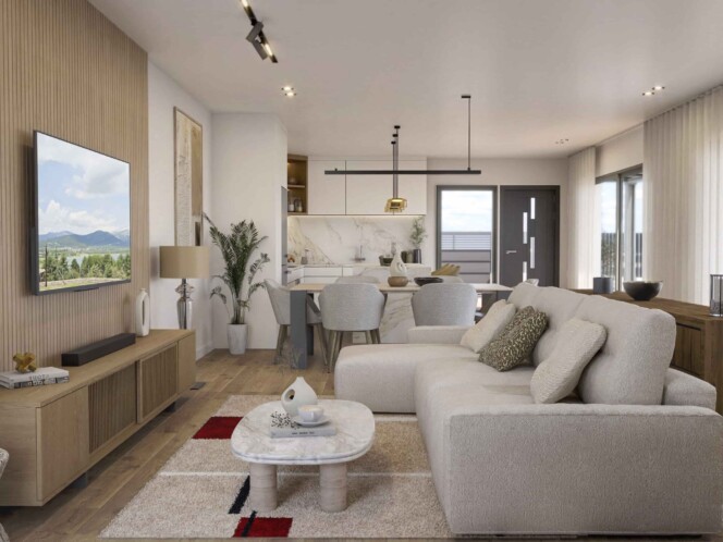 Infografía 3D de salón comedor integrado con cocina de diseño en un chalet de lujo en Navacerrada, Madrid