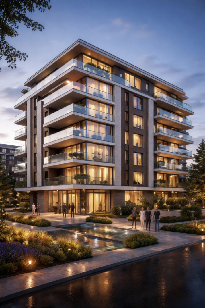 Render arquitectónico fotorrealista de edificio de viviendas de obra nueva residencial, visualización 3D para promotoras inmobiliarias y comercialización de pisos sobre plano